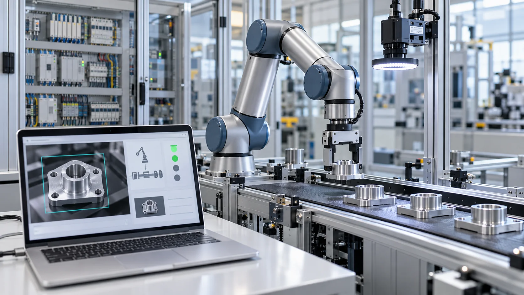 Robot kolu, görüntü kontrol kamerası ve izleme yazılımı bulunan temsili endüstriyel otomasyon hattı